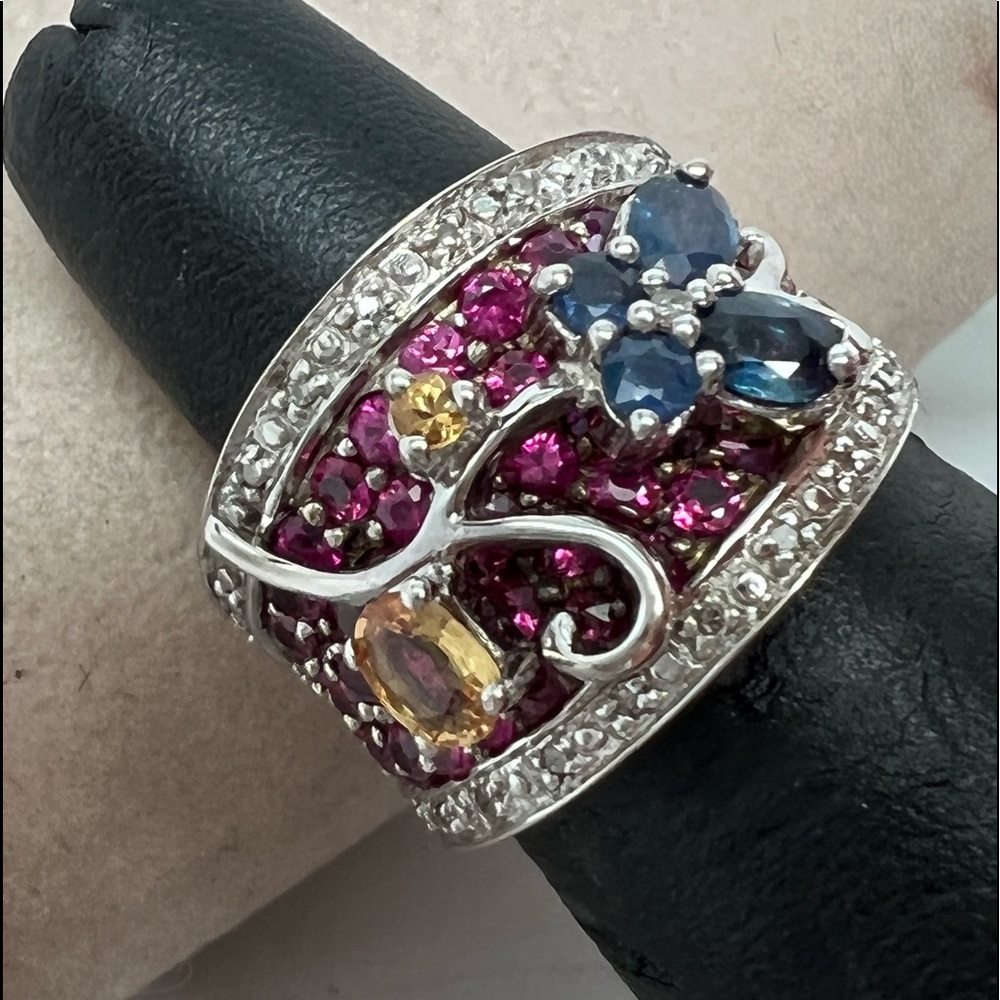 14K Solid White Gold Diamonds Rubies Blue & Yellow Sapphires Band Ring